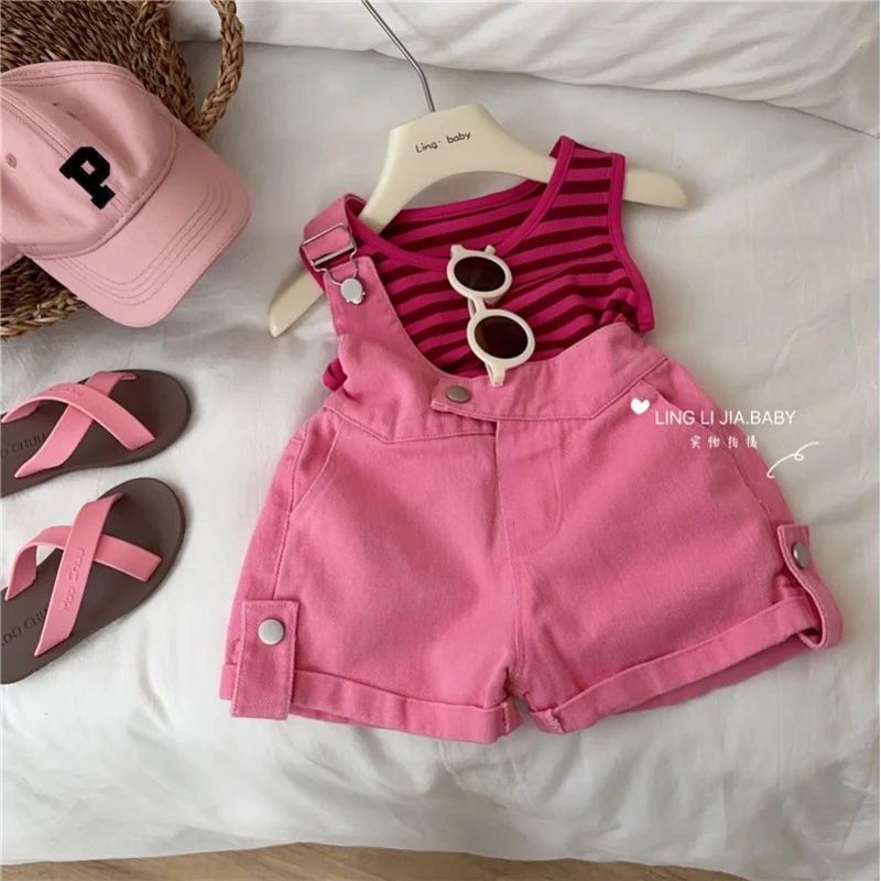 

Girls' Denim Suspender Pants Suit New Children's Baby Summer Clothing Striped Vest Suspender Pants Two-Piece Set