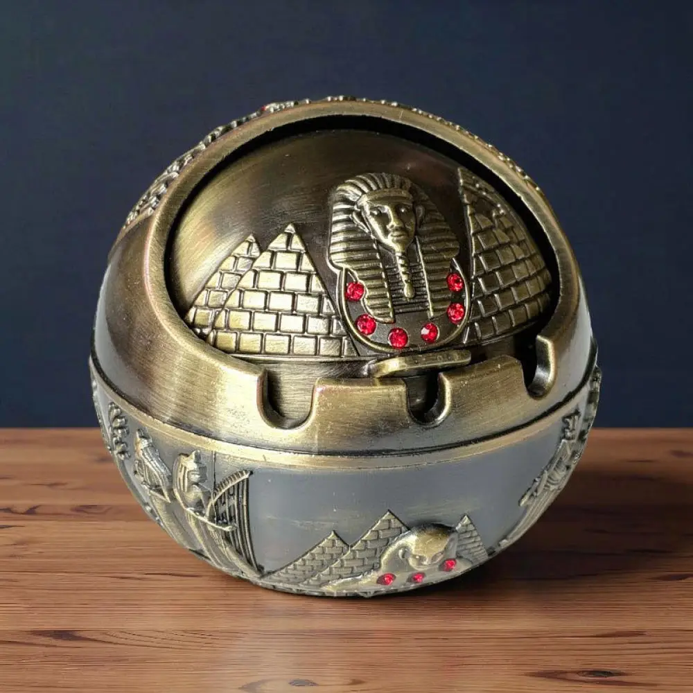 Vintage Style Metal Ashtray Egyptian Pattern Covered Desktop Ornament Practical Home Decor Gift For Office Smoking Area