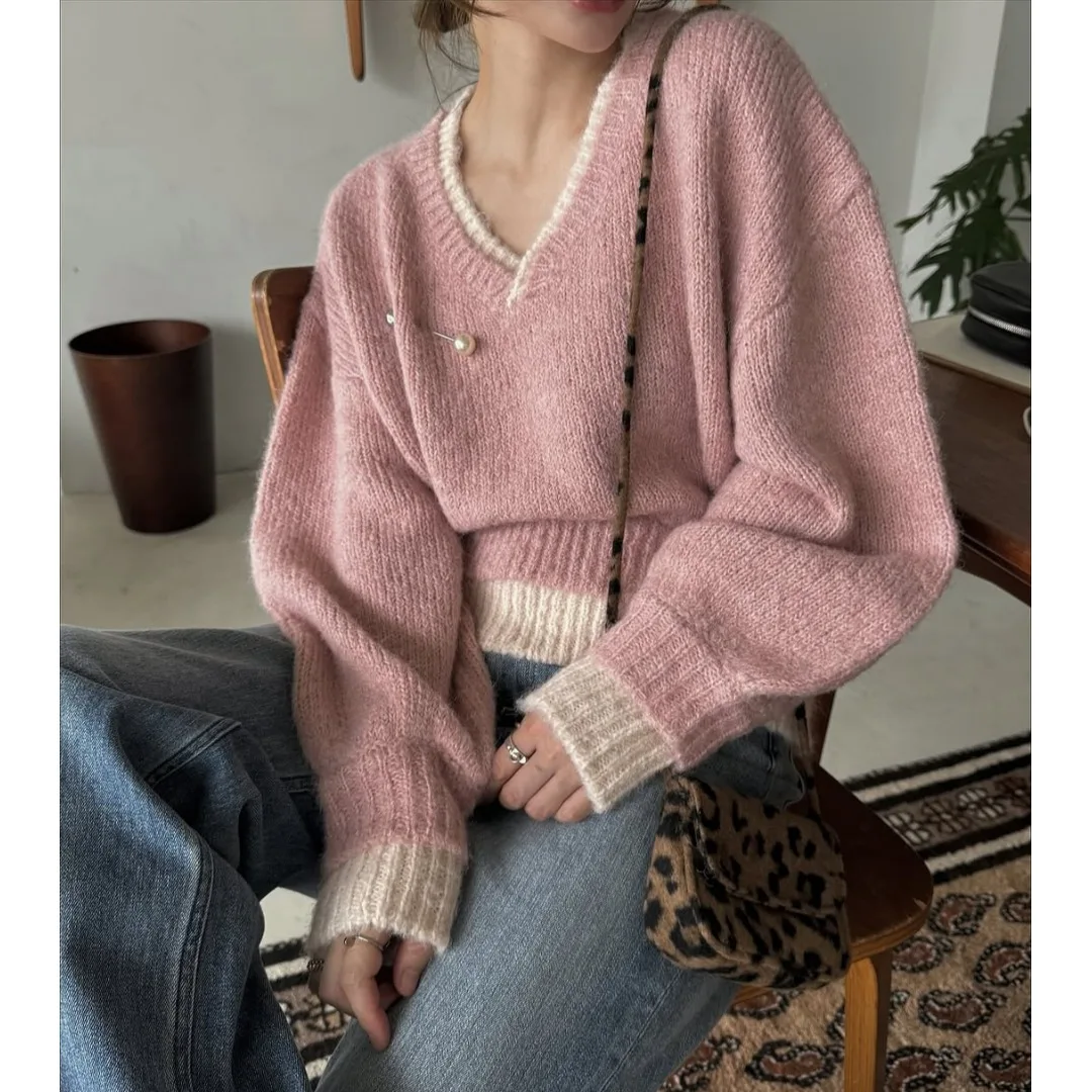 

Шикарный женский свободный свитер с v-образным вырезом, мягкий, нежный цвет, блузка на голову, осень-зима, новинка, универсальный, удобный