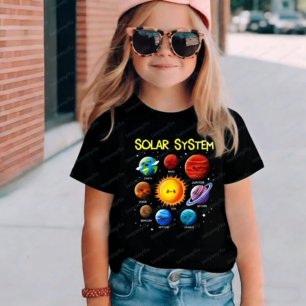 Cartoon Solar System Kids T-Shirt With Planets And Sun Cotton Tee For Children Fun Space Design Trendy Outfit For Boys And Girls
