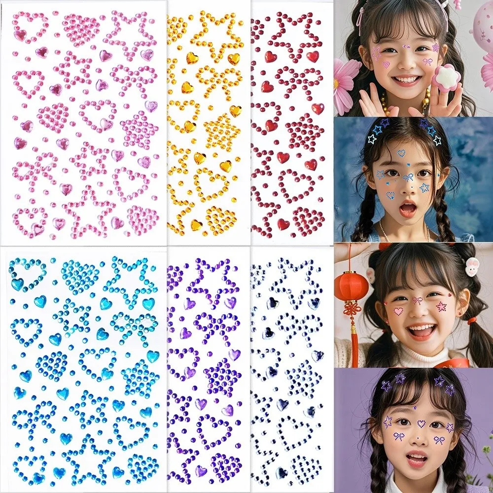 Autocollant pour le visage en strass 3D, autocollant de maquillage scintillant, autocollant pour photocard, autocollant imperméable, autocollant en forme de cœur, tatouages temporaires pour le visage