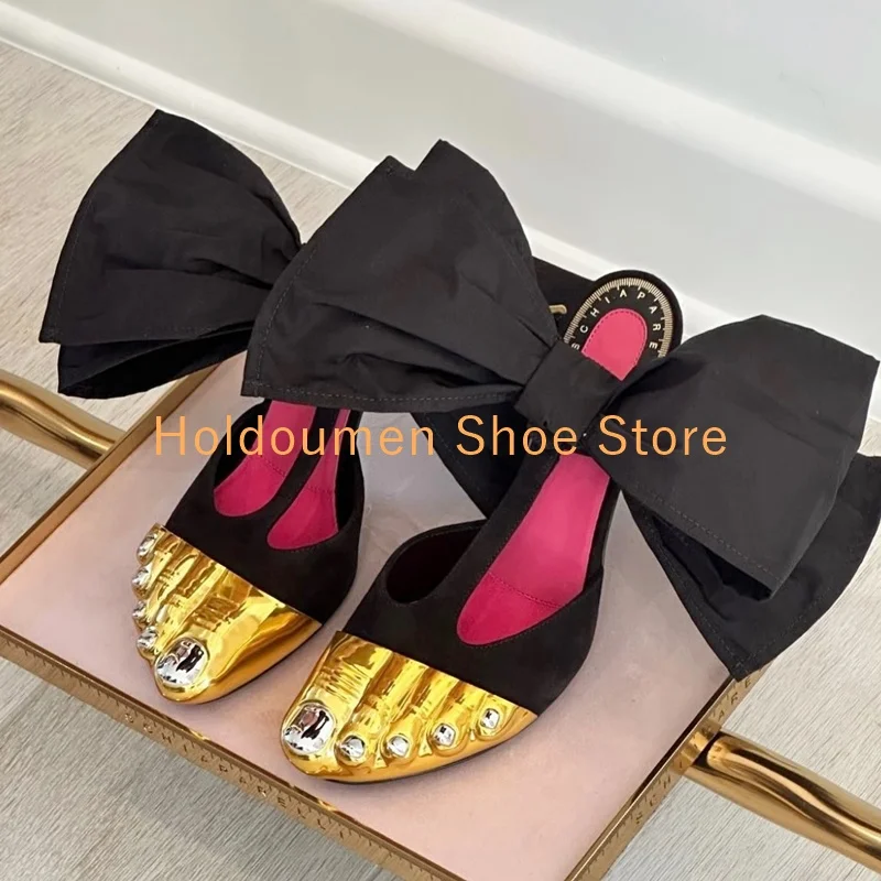 

New Pointed Toe Golden Five Toes Sandals Spliced Material High-Heeled Mules Ankle Black Butterfly Knot Decor Designer Heel Shoes