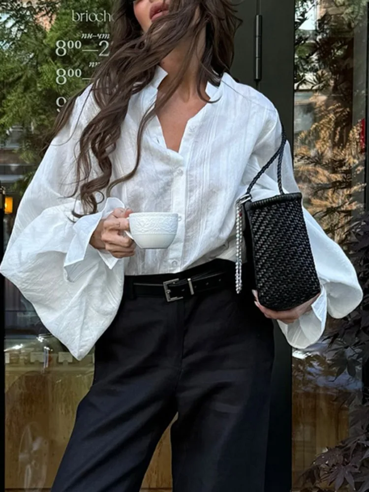 

Lemongor Urban Female Commute Puff Sleeves Stand Collar Blouse Loose See-Through Solid Color Casual Office Work Shirts Tops