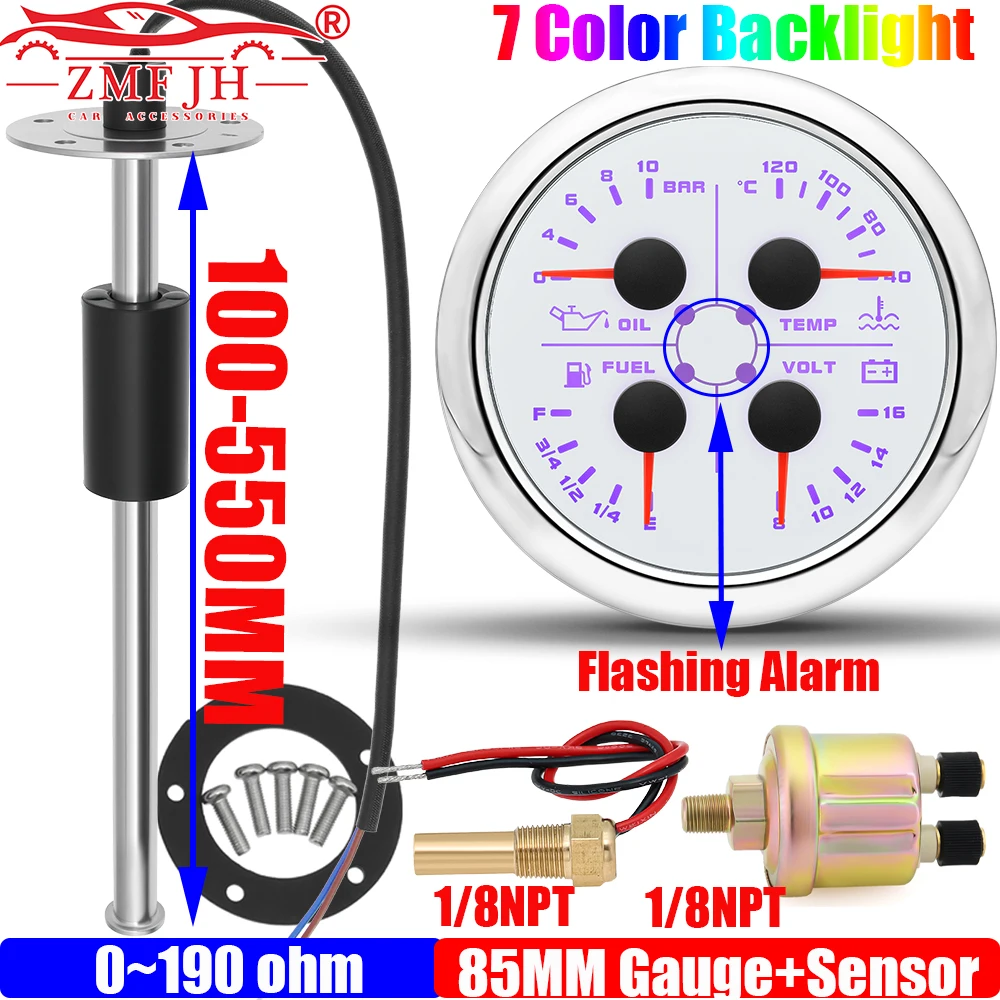 

ZMFJH Car Boat 85MM MultiMeter 7 Color LED Water Temp+Oil Pressure+Fuel Level Gauge+Voltage Alarm 0-190ohm Oil Float Sensor 12V