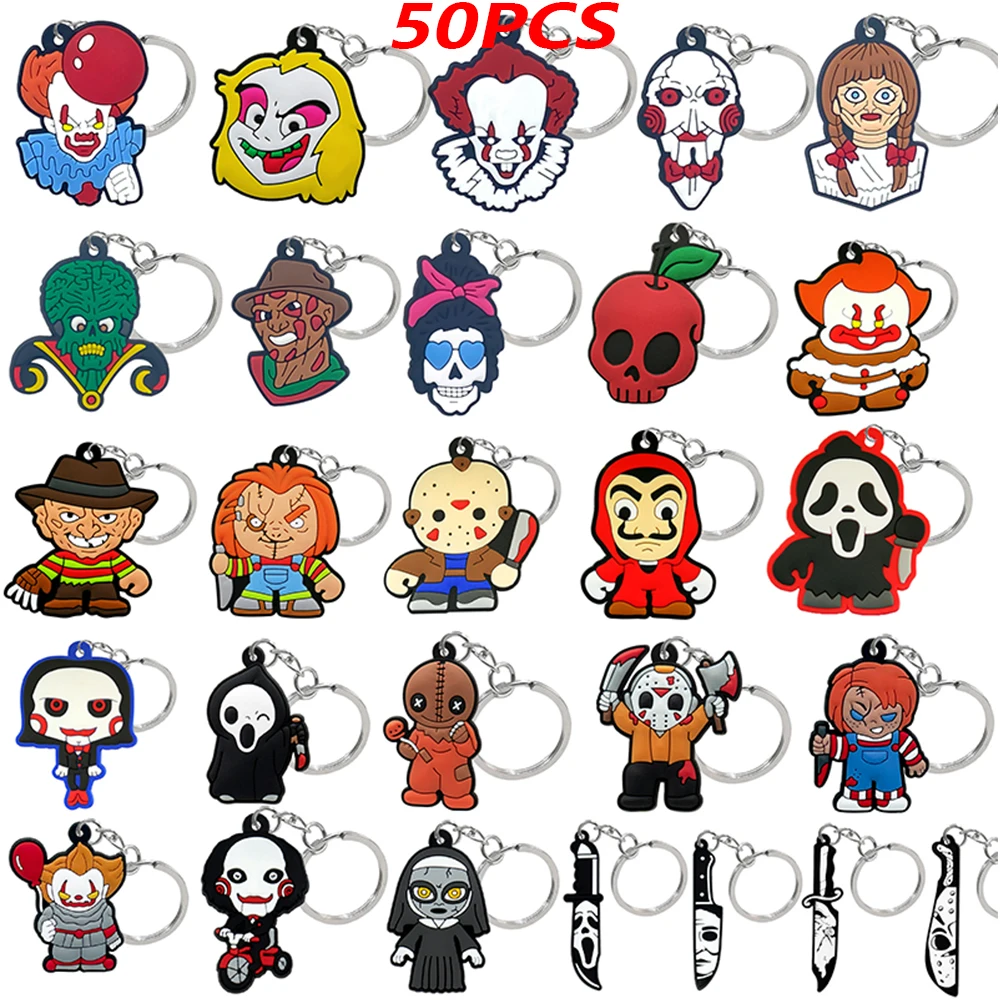 50PCS Keychains Terror Movie Character Keyring fit Friends Key Gift Car Key Accessories Horror Style Women Men Scary Key Holder