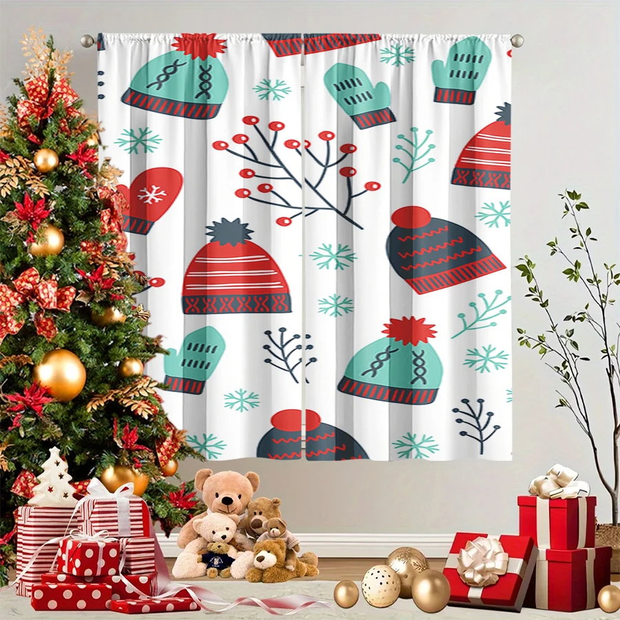 2PCS Christmas Winter Curtains, Winter Hat Glove Berry Snowflake White Red Teal, Digital Print, Bedroom Living Room, Home Decor