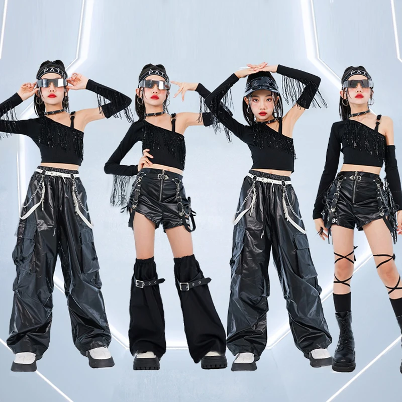 Black Jazz Dance Suit Girls Fashion Kpop Stage Outfit Cool Kids Hip Hop Dance Costume Runways Show Clothes Tassel Top Pants 1046