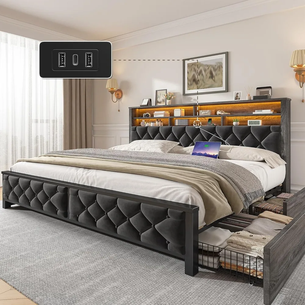 King LED Bed Frame with 2-Tier Storage Headboard and 4 Storage Drawers,Velvet Platform King Size Bed Frame with Charging Station