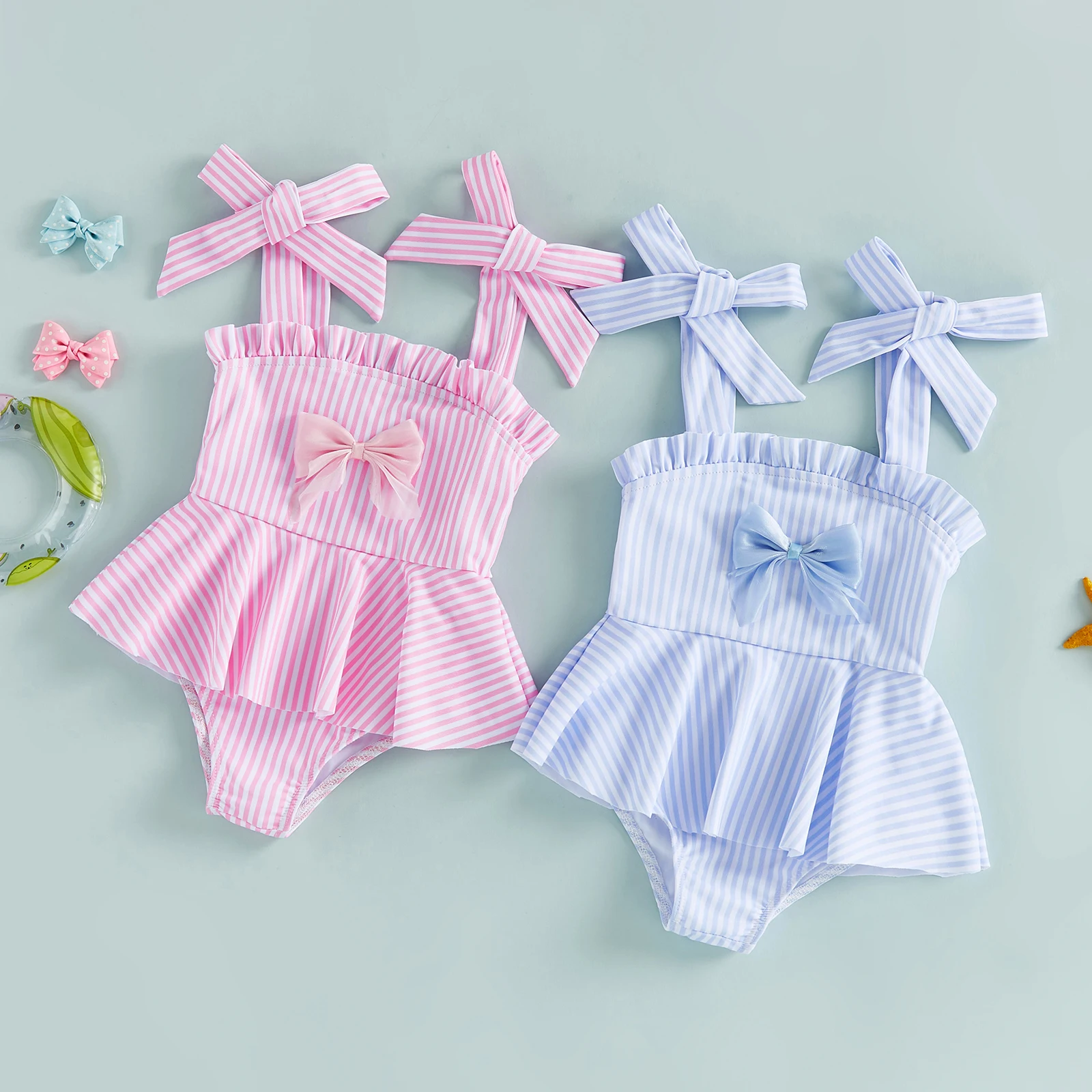 Casual Toddler Girl Swimsuit Cute Stripes Print Sleeveless Tie Shoulder Bathing Suit Baby Bodysuits Swimwear