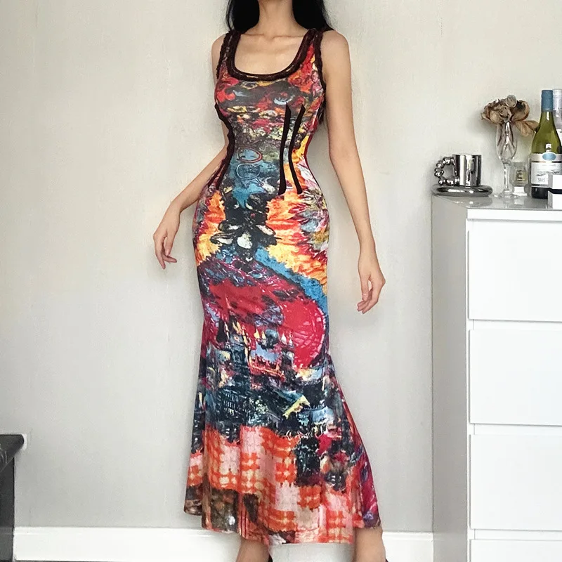 European-style spring new y2k Millennium Spice Girl retro graffiti print U neck high waist halter dress female