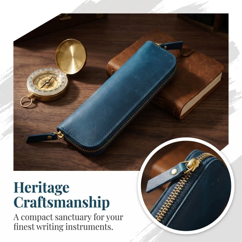 

Portable Handmade Pencil Case Cowhide Compact Pen Bag Retro Zipper Closure Pen Protective Sleeve School Supplies