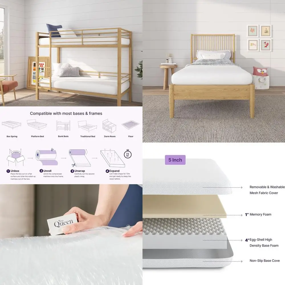 

5 Dual Layer Memory Foam Mattress, Medium Firmness, Certified-US, Bed-in-a-Box, White Breathable Fabric Cover
