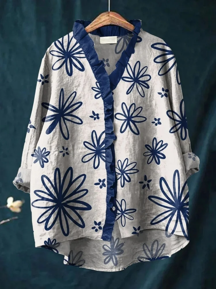 

5XL Fashion Women's Blouses Vintage Floral Coloblock Printed Holiday Spring Ruffled V-neck Stitching Tops Plus Size Female Shirt