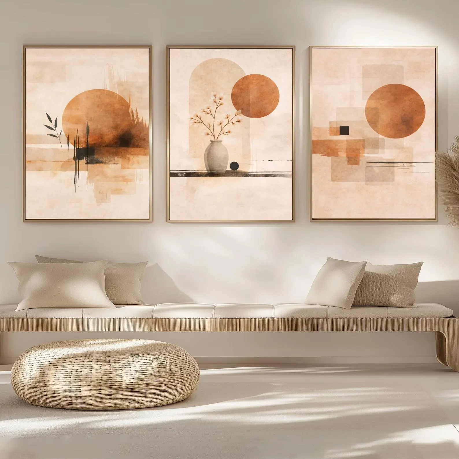 Lot de 3 affiches murales abstraites neutres soleil, art mural bohème minimaliste, décoration murale de style japonais, peinture sur toile pour la décoration de chambre