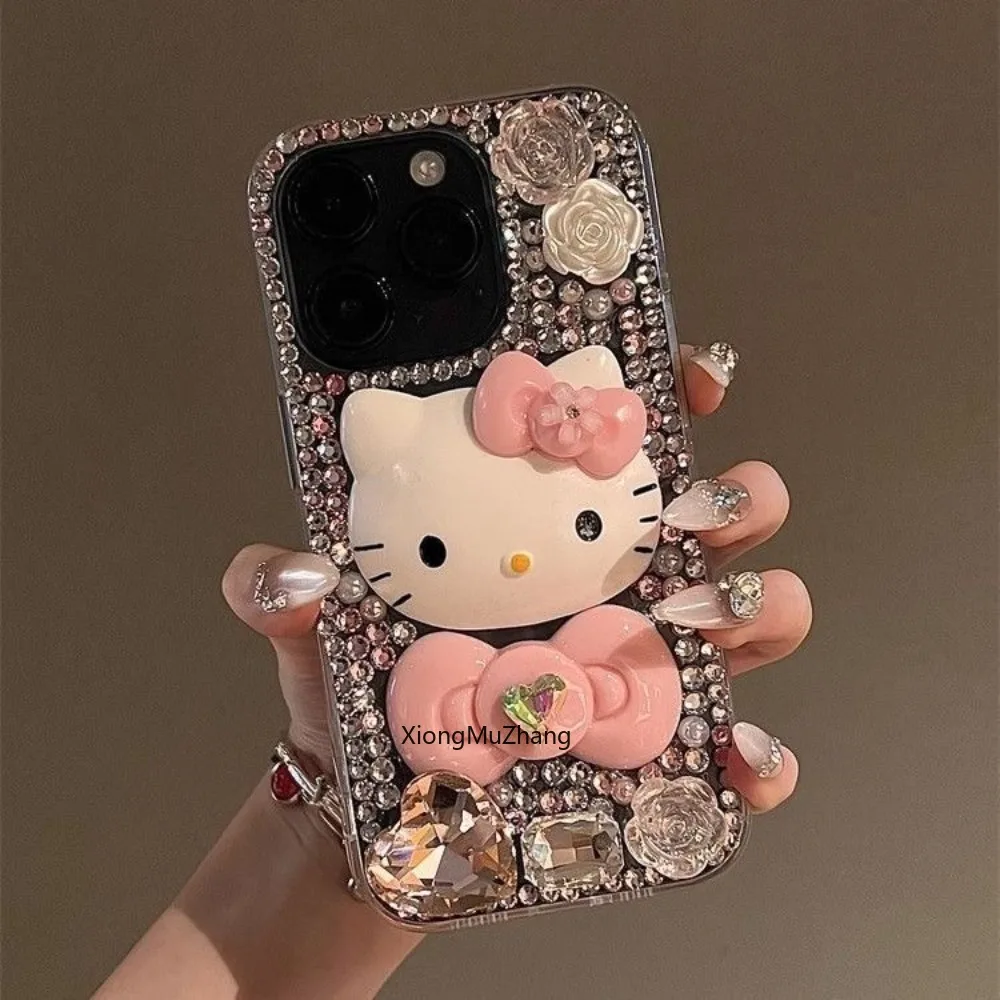 

Sanrio Hello Kitty Luxury 3D Flash Diamond Glitter Blingbling Bow Phone Case for IPhone 16 15 14 Pro Max Love Heart Back Cover