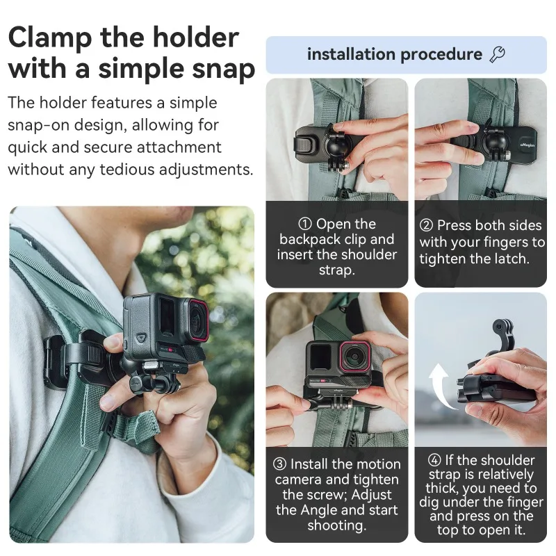 aMagisn Backpack Clip Hands-Free 360° Strap Clamp Mount For Insta360 / DJI / GoPro Action Camera Fixed Bracket Accessories view 5
