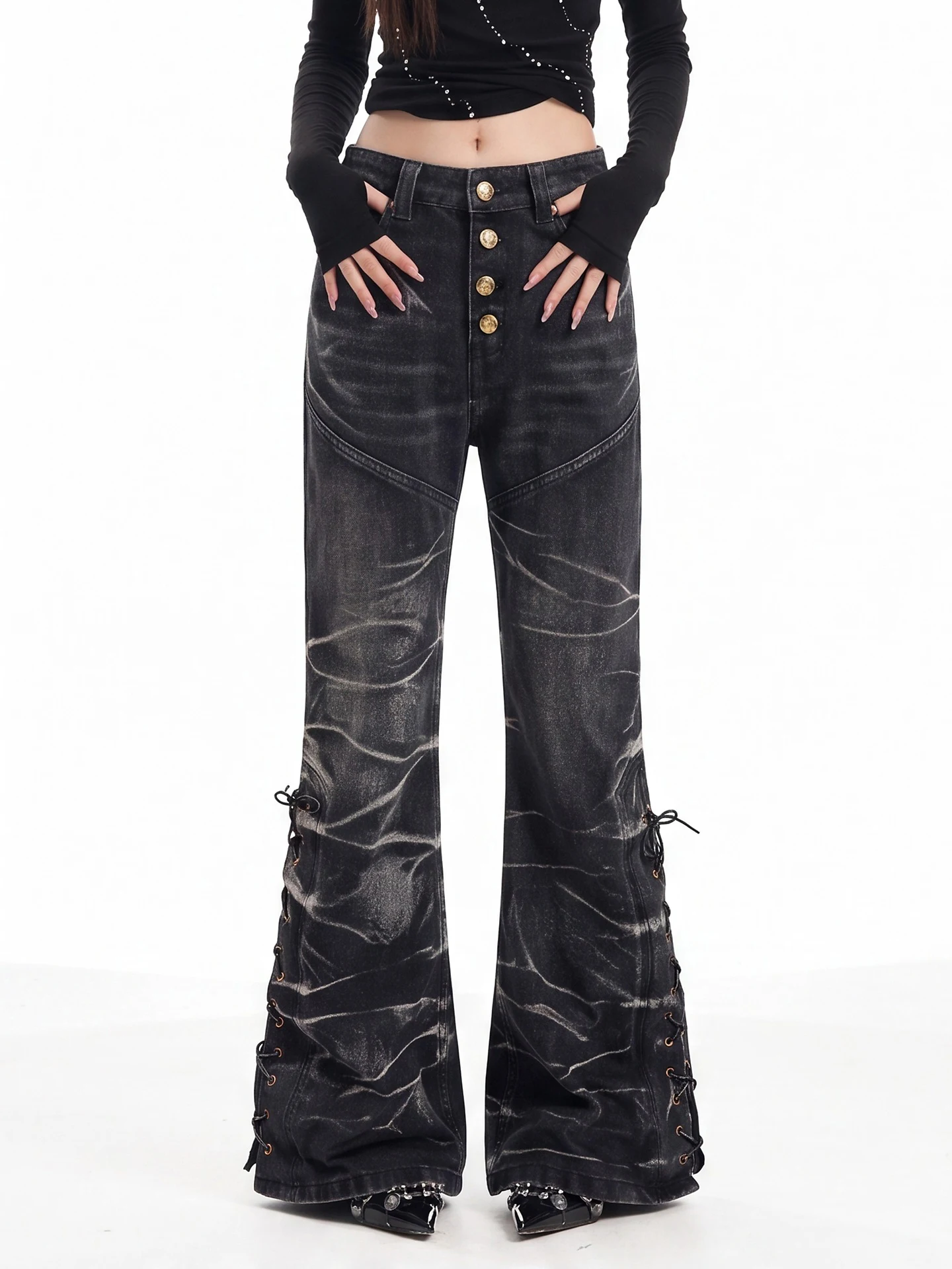 Y2K Subculture Heavyweight Flare Denim Jeans High Waist Long Pants Women's Vintage Washed Multibutton Slimming Floor Length