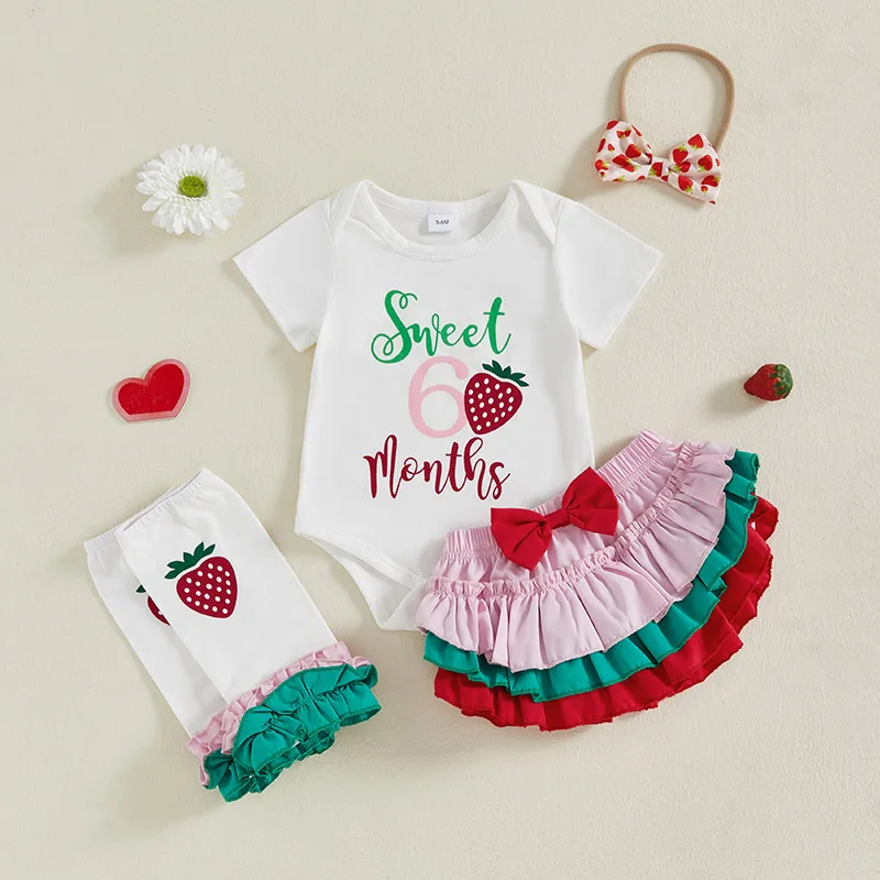 

Baby Girl Birthday Outfit Letter Strawberry Print Romper Skirted Shorts Leg Warmers and Headband Sets