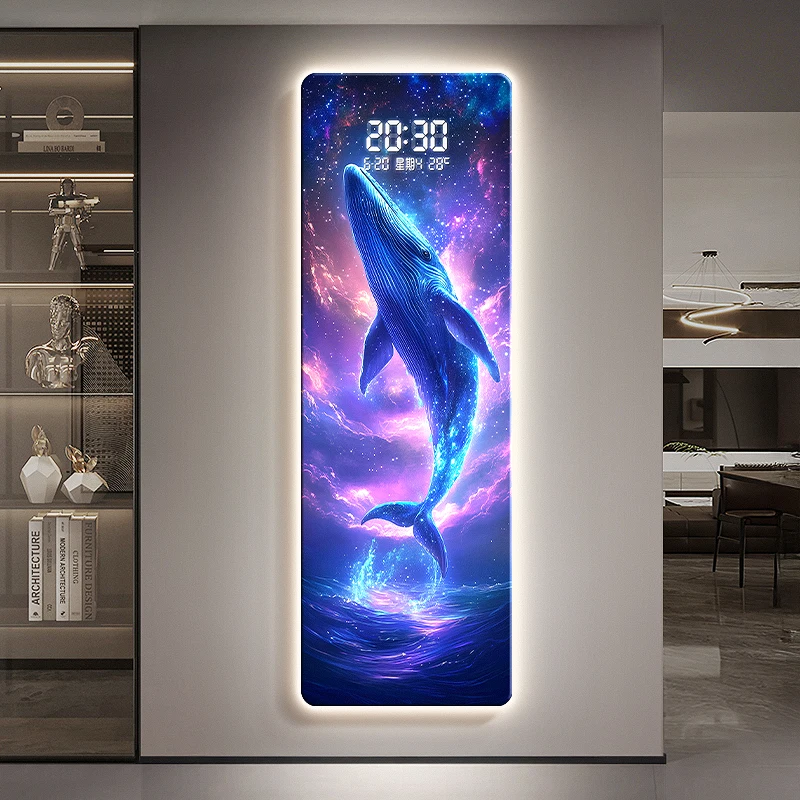 Whale Living Room Perpetual Calendar Grille Decorative Pendant Wave Starry Sky Plug in Electronic Clock Wall Hanging Light