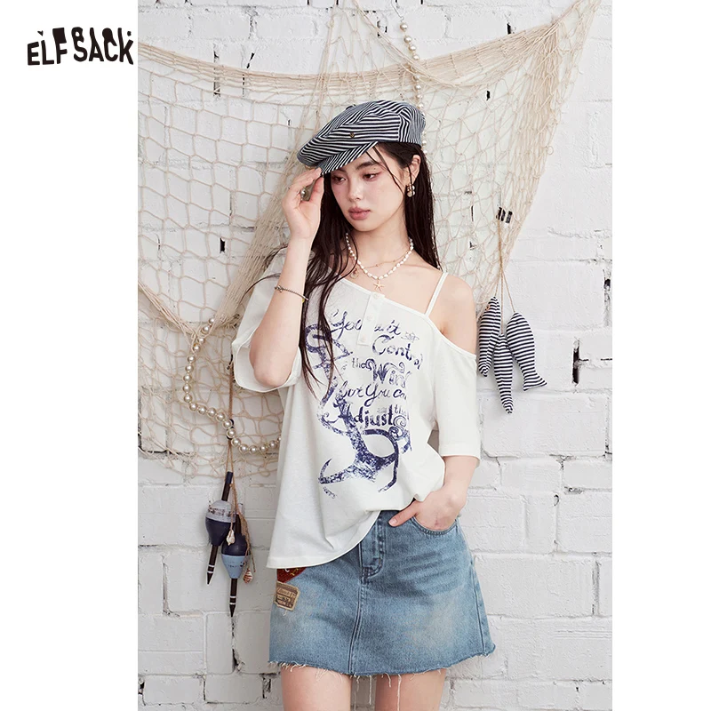 

ELFSACK Off-Shoulder Graphic Print T-Shirt, Asymmetrical Strap Tee