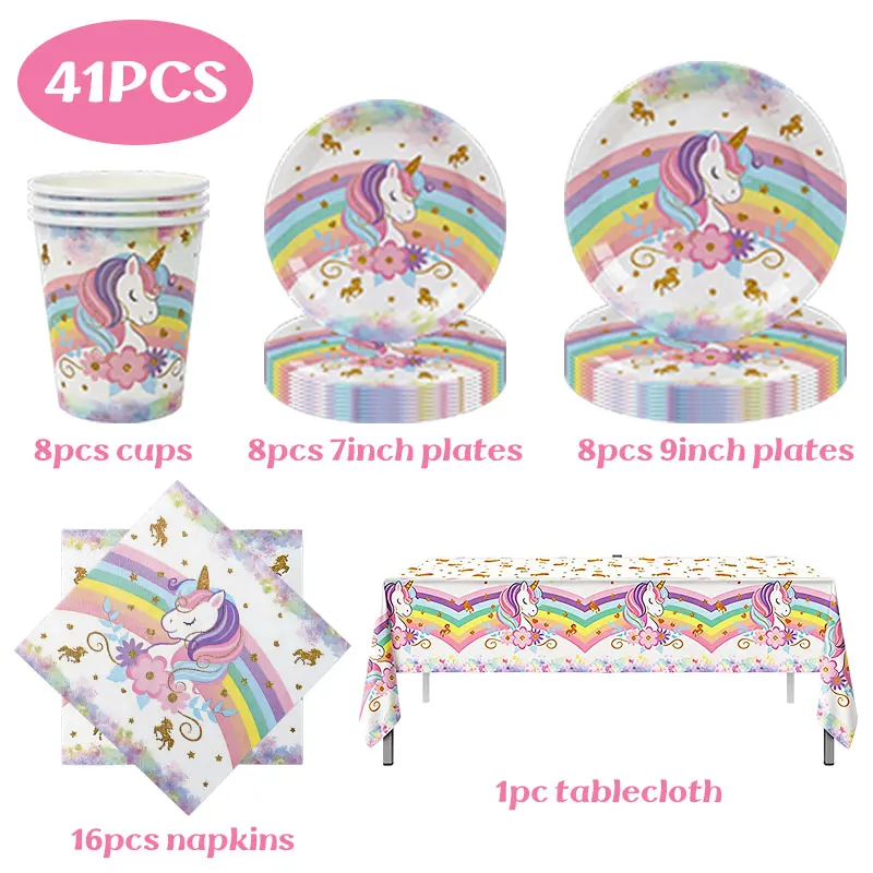 Unicorn Theme Birthday Decoration Set Rainbow Disposable Tableware Plates Cups Napkins Tablecloth Balloons Girls Party Supplies view 2