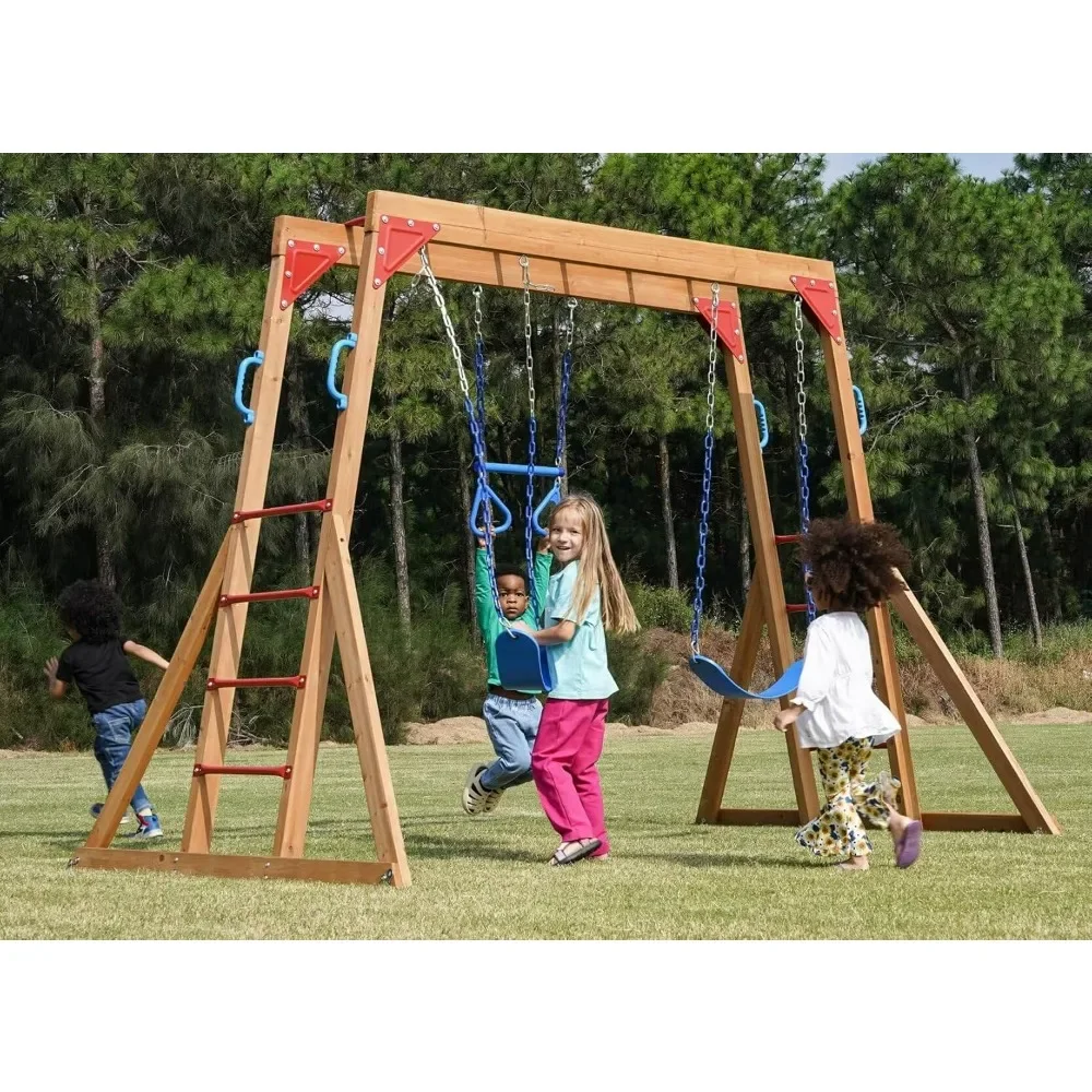 Wood Swing Sets, Kids Outdoor Play Equipment, Outdoor Playset for Kids with Trapeze Swing Bar and 2 Belt Swings, Playground Kids