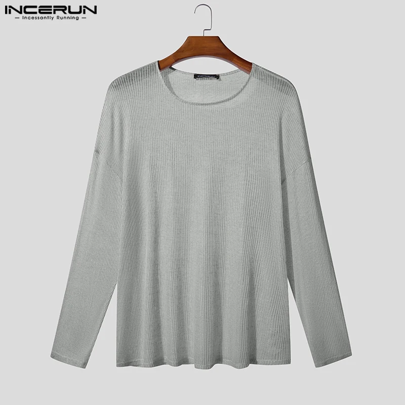 

INCERUN Men T Shirt Solid Color Knitted O-neck Long Sleeve Loose Male Tee Tops See Through Sexy Fashion Casual Men Clothing 2025