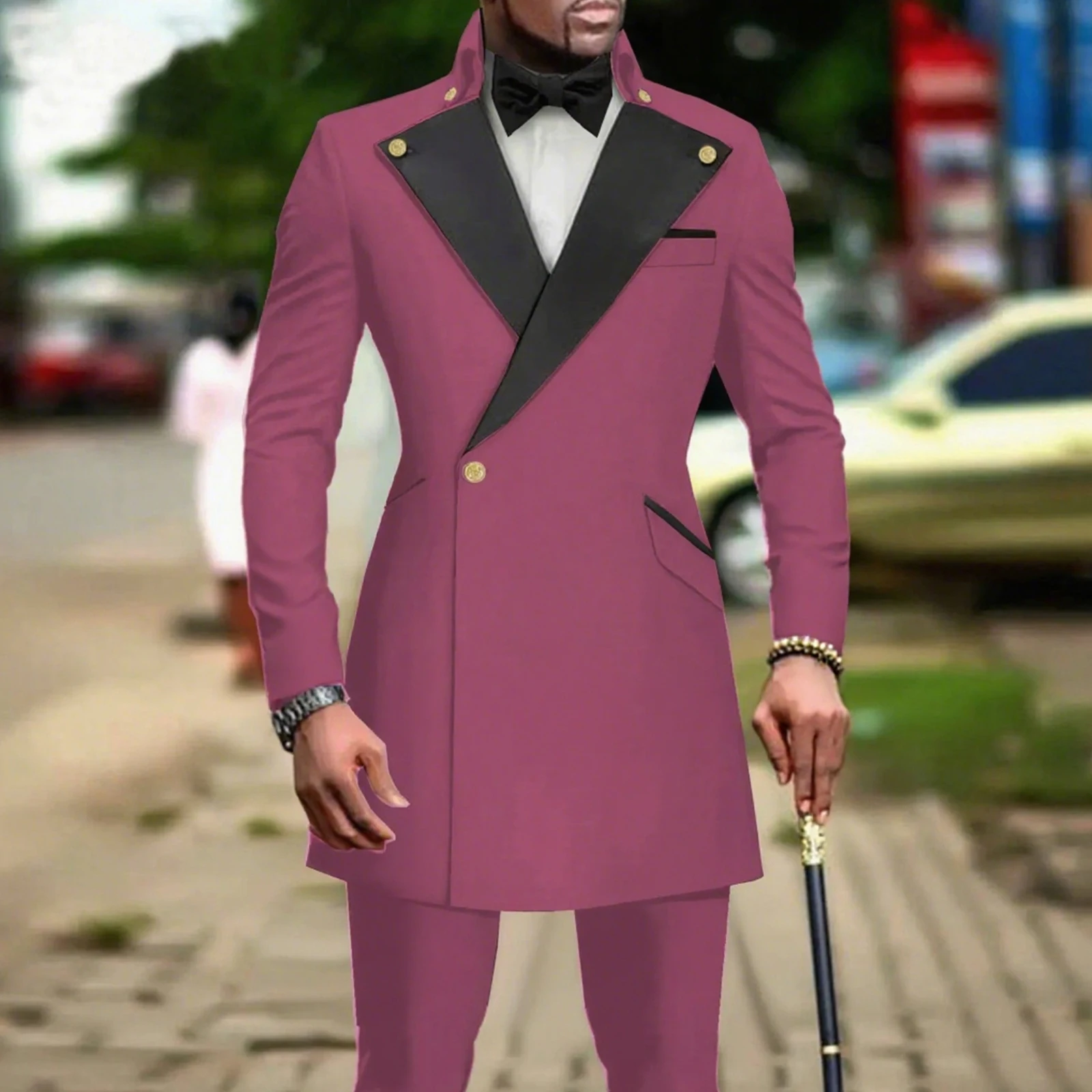 Fashion Double Breasted Long Blazer Men Suit 2 Piece Groomsmen Peak Lapel Outfits Formal Party Prom Wedding Set Suits For Men 