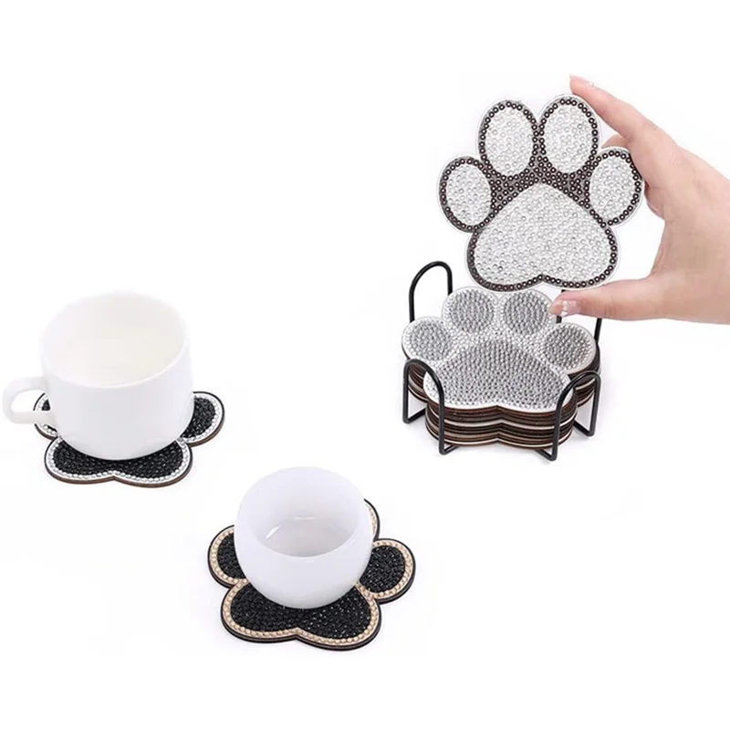 

Dog Paw Shaped Diamond Painting Coasters Kit Kits Cat Pet DIY Set Kit With Holder