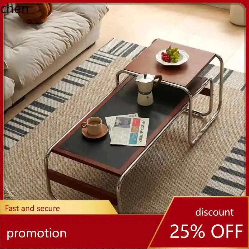 

HXL Vintage Style Retro Coffee Set for Home Use Sofa Side Stainless Steel Tea Table Rectangular Rock Board Small Table