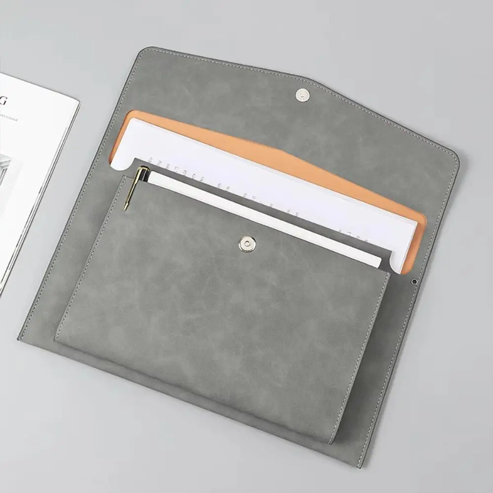 

Large Capacity A4 Leather Document Bag Magnetic Button Simple Double Layer File Folder Portable with Rope File Storage Bag Paper