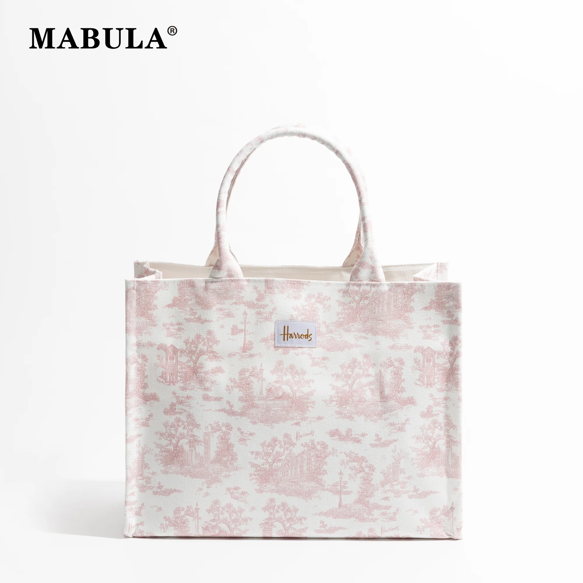 

MABULA Pink Landscape Printed Canvas Handbag For Ladies Large Capacity Shopping Purse Fashion Shoulder Bag Simple Casual Satchel