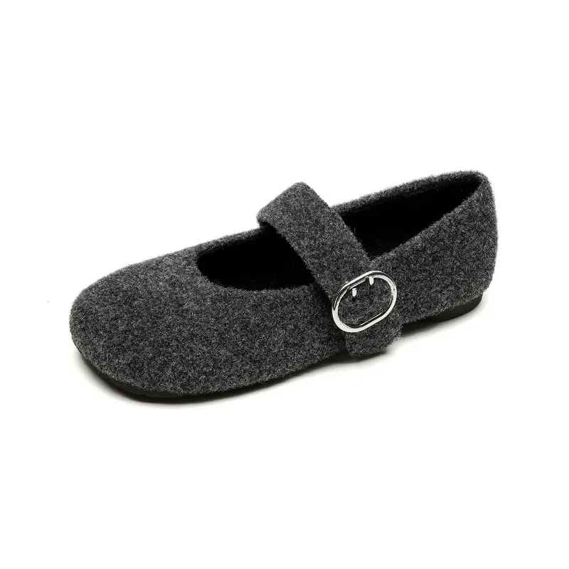 

Gray Woolen Mary Janes Flat Shoes Women's Outdoor Wear Fur Slippers French Fleece Lined Cotton Flats Large Size Women's shoes