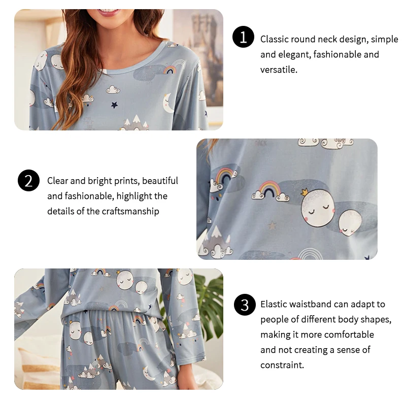 Star & Moon Print Pajamas for Women Long Sleeve Crew Neck Top & Elastic Waistband Pants Pajama Ladies Sleepwear Loungewear Suit