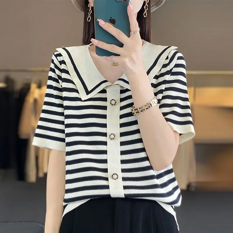 Women\'s 2024 Summer Pullover Doll Neck Spliced Embroided Flares Loose and Slim Knitted Fashion Casual Stripe Short Sleeve Tops