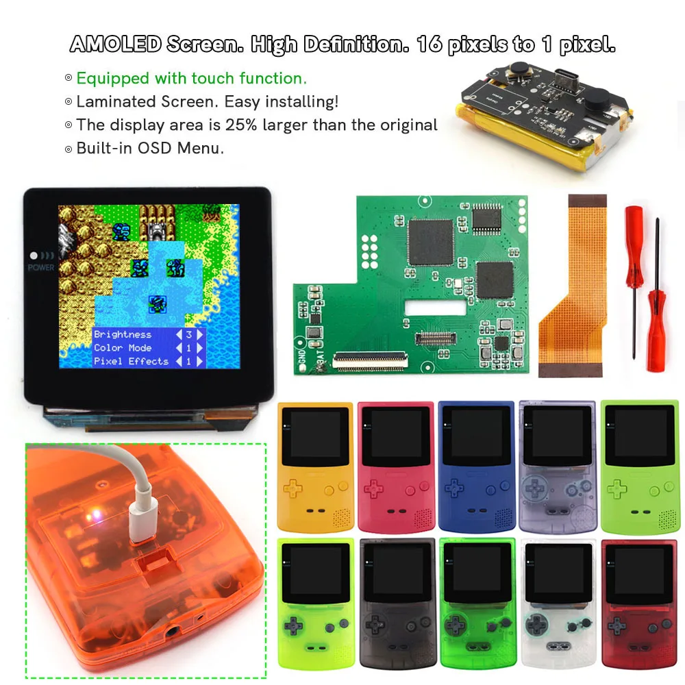 

Перезаряжаемый сенсорный ламинированный AMOLED-экран типа C OLED для GBC GameBoy, цветной настраиваемый корпус, литиевая батарея
