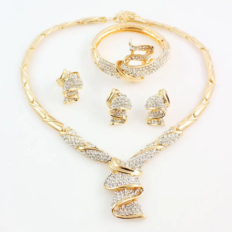 Wholesale Fashion Gold Color Alloy Rhinestone Wedding Jewelry Sets Necklace Bracelet Ring Earrings For Women Bridal