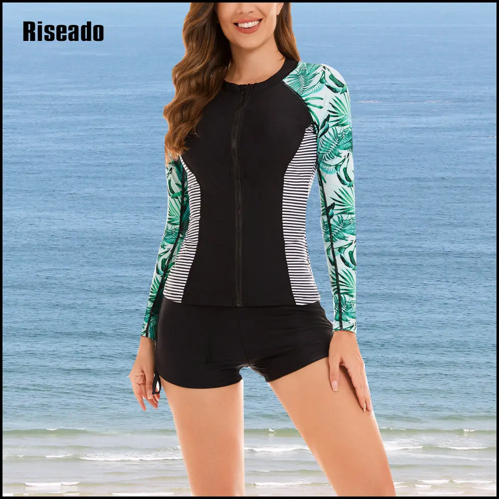 

Women's Long Sleeves Rash Guard Athletic Swim Two Piece Tankini Sets Swimsuit