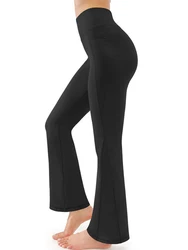 Pantalones de Yoga Acampanados para mujer, mallas de entrenamiento con estilo de bolsillos, suaves, de cintura alta, elásticos, con Control de barriga, Color negro y sólido