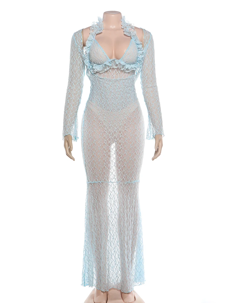 Sisterlinda Sexy 2-teiliges Set für Damen, modisch, mit Rüschenkante, Neckholder-Bodysuits + tief ausgeschnittenes Kleid mit langen Ärmeln und hoher Taille, durchsichtige Anzüge – Detail 3