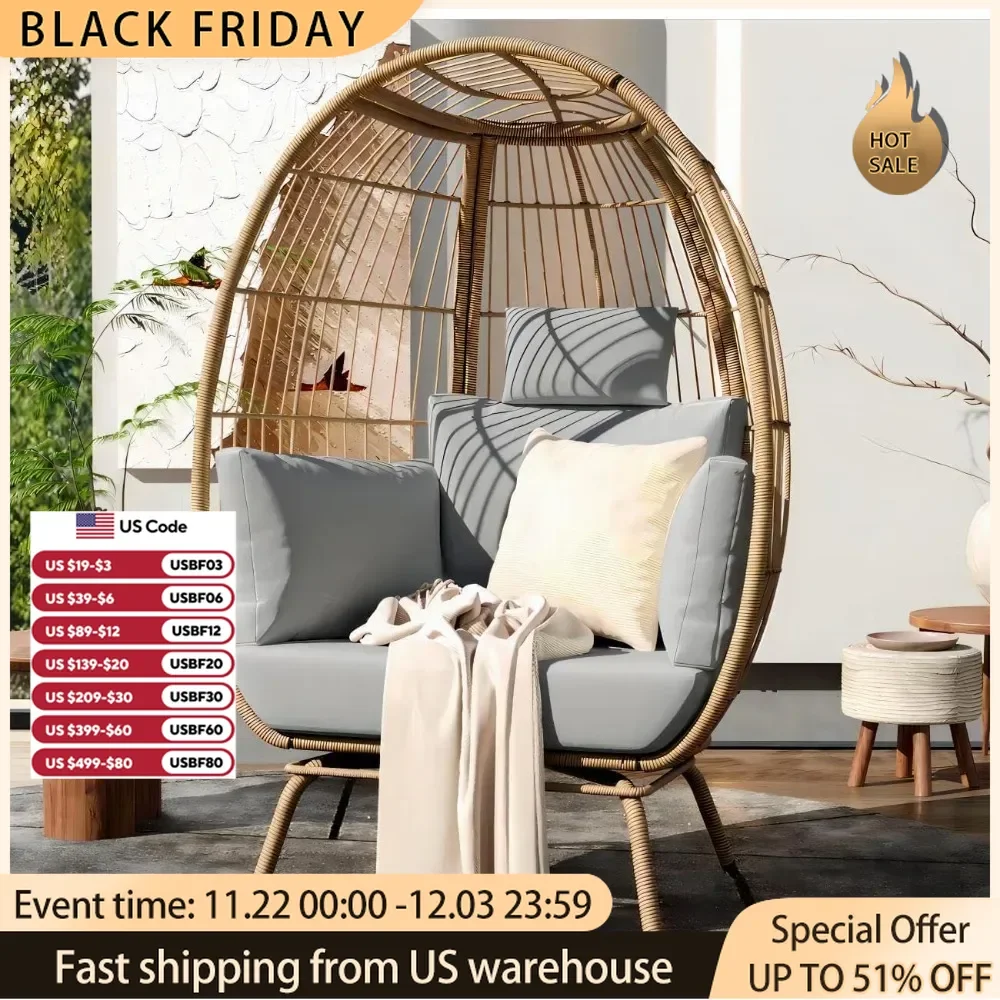 Egg Chair Wicker Outdoor Oversized  with 370lbs Capacity Large with Stand Cushion Egg Basket Chair for Patio, Balcony Bedroom