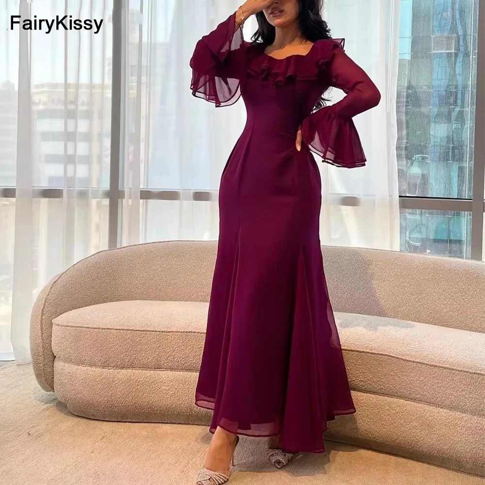 

FairyKissy Vintage Fuchsia Square Prom Dress Ruffles A-Line Formal Occasion Evening Party Gowns Saudi Arabia Evening Dresses