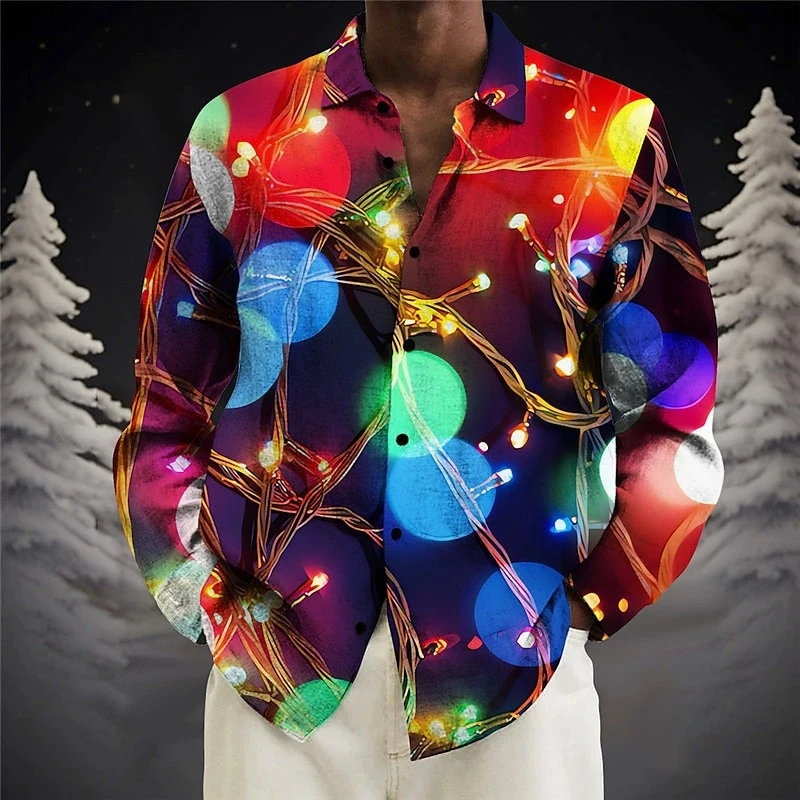 

Color Flashing Lights Shirt Men's Clothing 3D Print Colorful Graphic Long Sleeve Lapel Button Shirts Fashion Music Party T Shirt