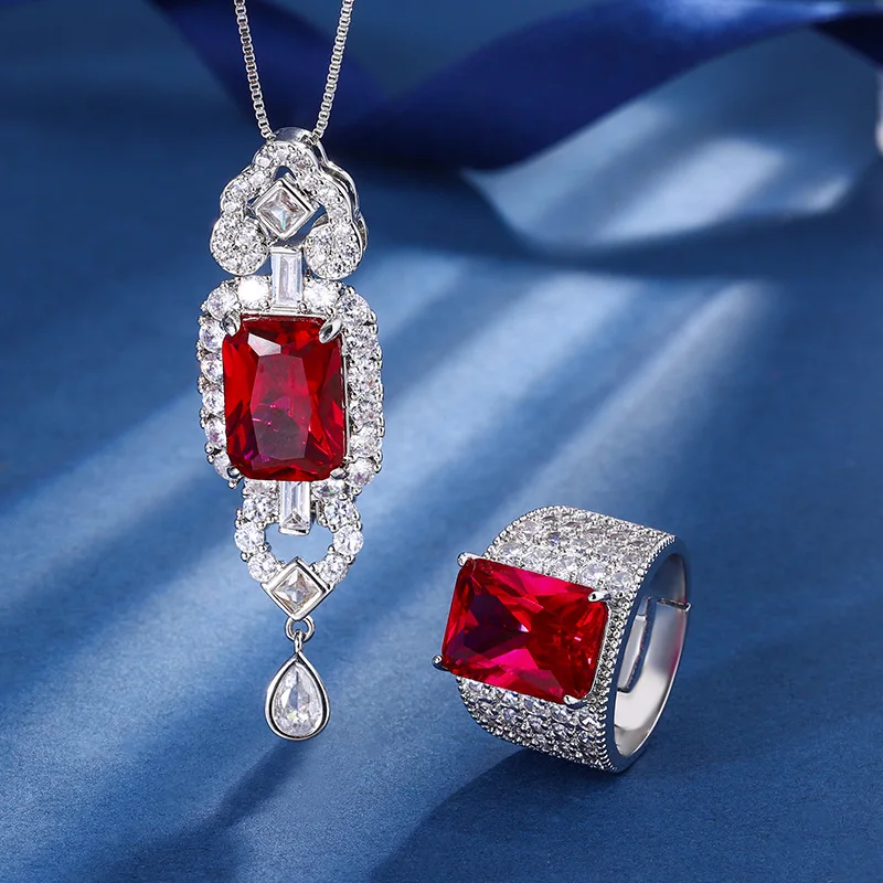 

New gold-plated pigeon blood red corundum small fresh temperament set pendant ring 10*14