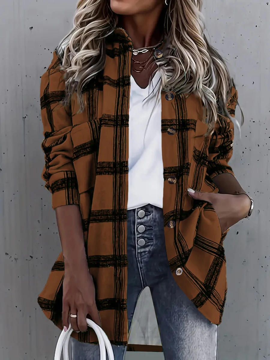 Damen Freizeithemd Schwarz-Weiß Kariert mit Knöpfen Langarm-Bluse mit Taschen Modische Koreanische Frühlings- und Sommerkleidung – Detail 5