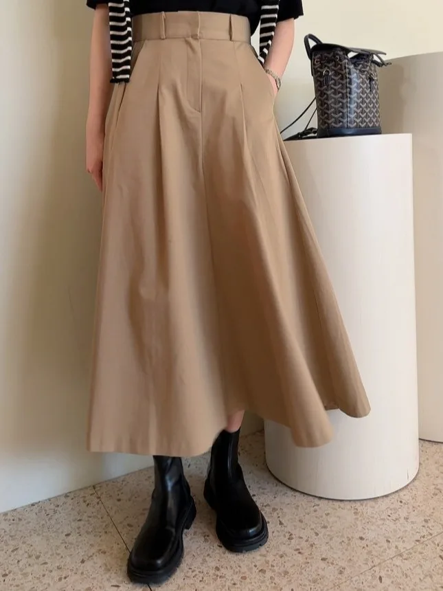 Saia Midi de Cintura Alta Faion para Mulheres Saia ande com Cintura Elástica Chique Saia em Linha A Cor Simples Estilo de...