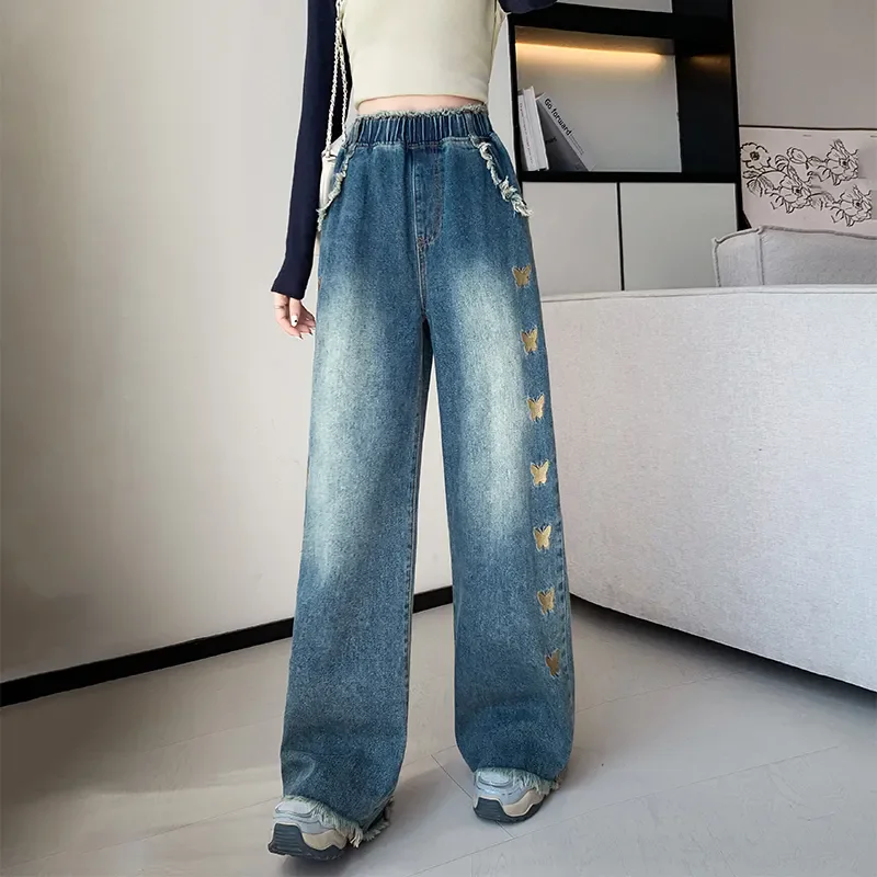 Plus Size 3XL Fat Fleece Jeans For Women Straight Trousers Wide Leg Loose Fit Tight Elastic Waist Slimming For Women Denim Pants