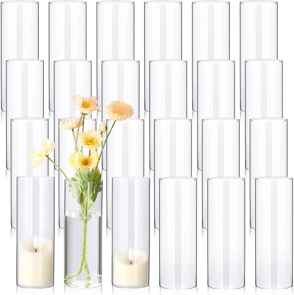 24 Pcs 8 Inch Tall Glass Vases Bulk Clear Cylinder Flower Vases Transparent Candle Holder Glass Cylinder Vases Floral Plant