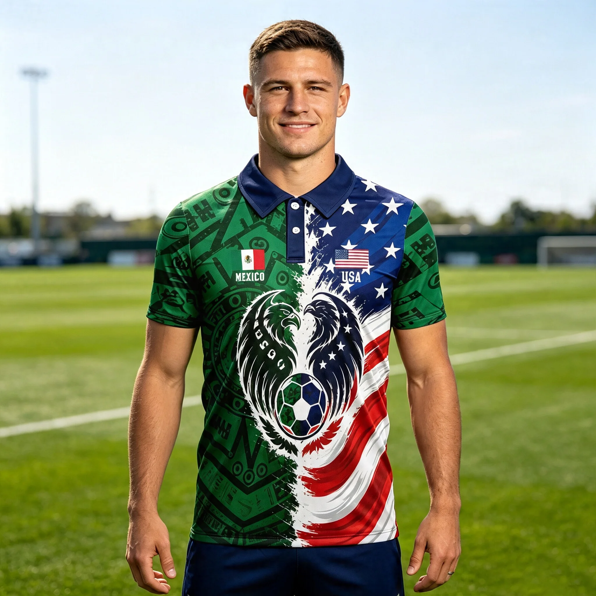 USA & Mexico united soccer polo jersey with twin eagle print. Quick dry stretch fabric for cross-country football fans