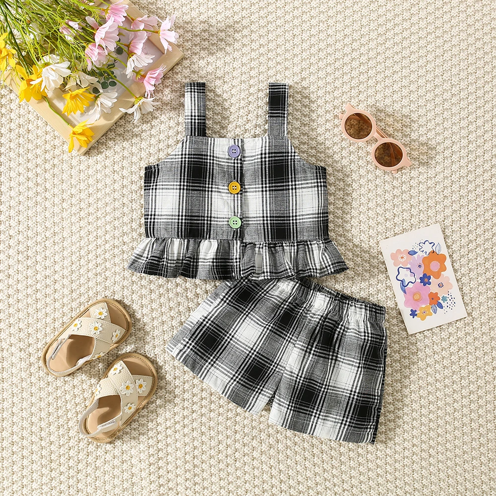 Summer Baby Girl Cotton Colored Plaid Suspender Top And Shorts Set, Cute Lace Small Fly Sleeve Beach Two-Piece Set For Girls